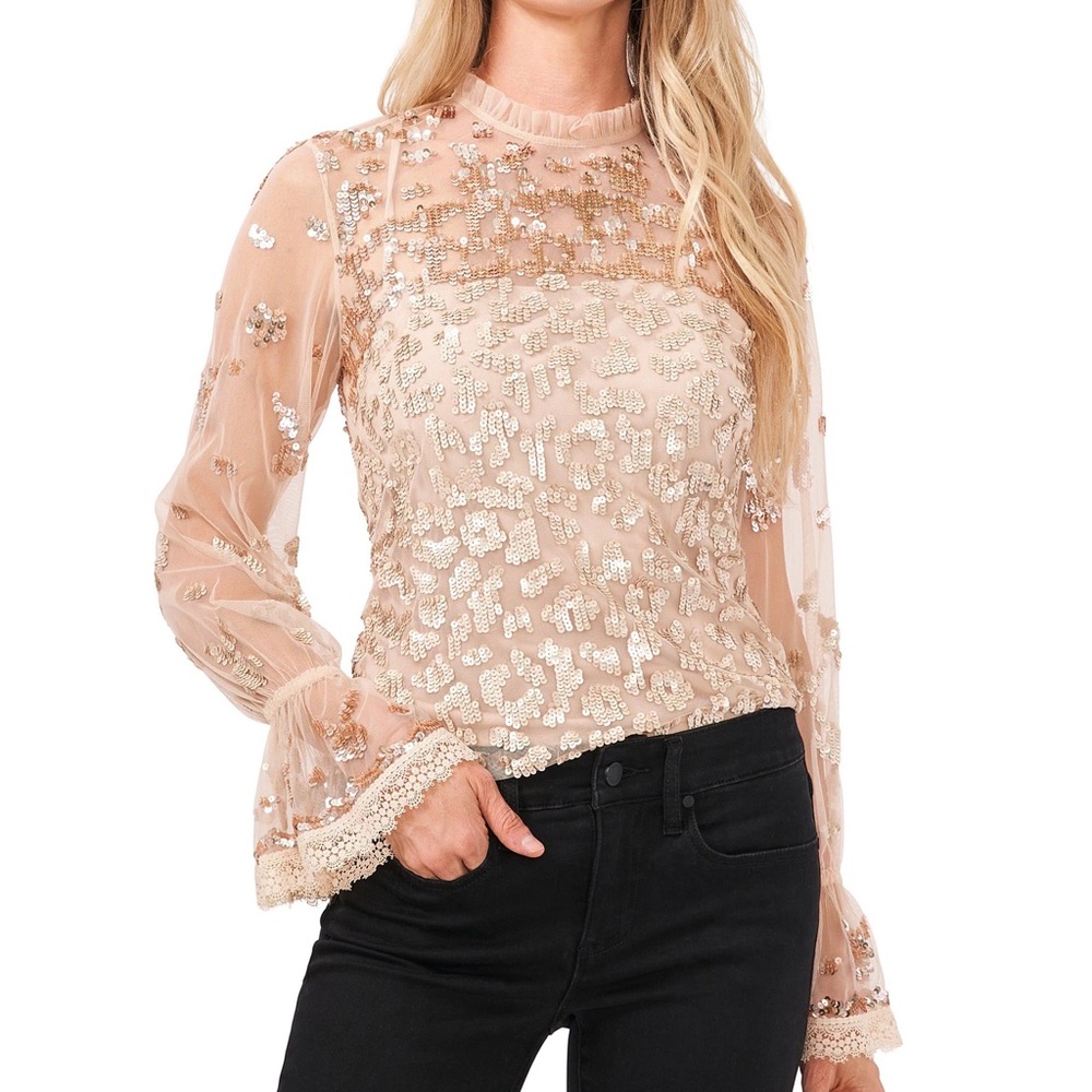 New w/tags Chelsea & Violet Mesh Ruffle Mock Neck Ruffle Lace Cuff Sleeve Sequin